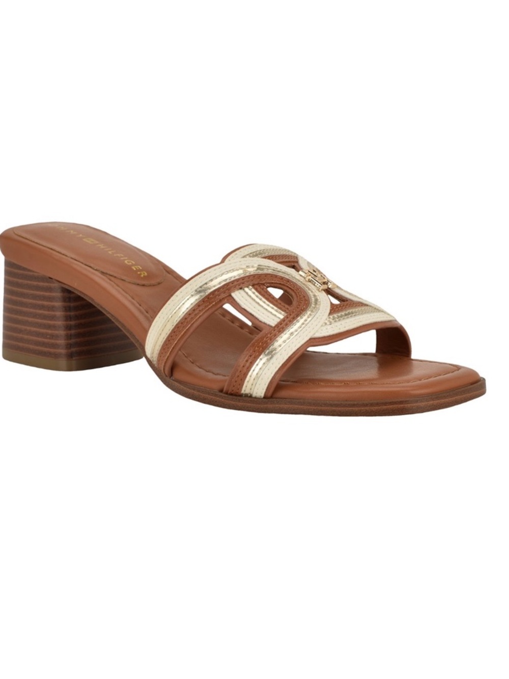 Tommy Hilfiger Tan and Cream Leather Low Block Heel Slide